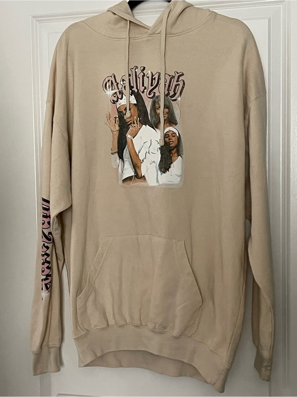 Aaliyah Beige Graphic Pullover Hoodie with Front Print - Women-Size XL